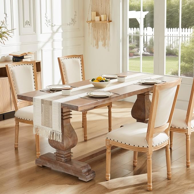 Macrame Style Bicolor Stitching Table Runner 14x108in Taupe | Woven Boho Table - Image 2