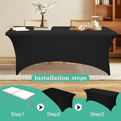 4FT Table Cloth for Rectangular Fitted Events Stretch Black Table Covers Washable Spandex Tablecloth Protector for Party, Wedding, Cocktail, Banquet, Festival