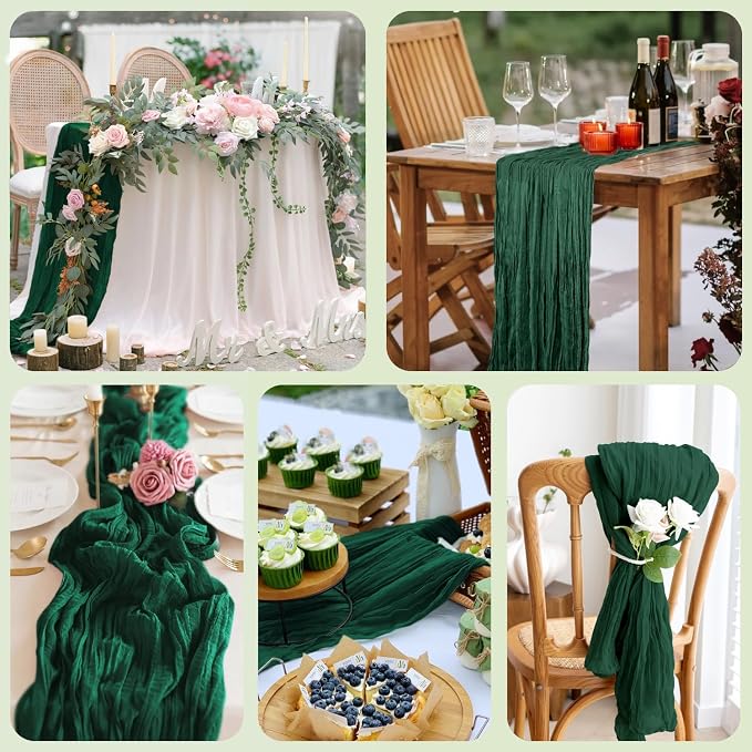 Cheesecloth Table Runner 10FT 3Pcs Emerald Green Boho Gauze Sheer Runners | - Image 7