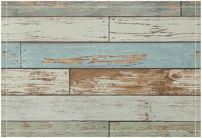 Rustic Plank Placemat Set, Vintage Old Shabby Colorful Beige Green Blue Farmhouse Barn Wooden Board Pattern Home Decor Linen Table Mats for Dining Room Kitchen Party (17x12in) x6P
