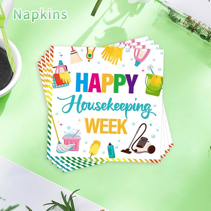 96Pcs Housekeeping Week Decorations, Cleaning Icons Plates Napkins Forks - Image 4