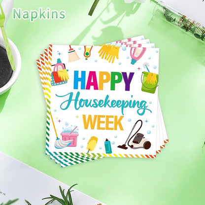 96Pcs Housekeeping Week Decorations, Cleaning Icons Plates Napkins Forks - Image 4