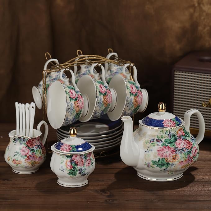 fanquare 21-Piece Blue Lace Porcelain Tea Set, China Coffee Cup and Saucer Set - Image 7