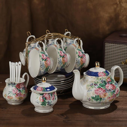 fanquare 21-Piece Blue Lace Porcelain Tea Set, China Coffee Cup and Saucer Set - Image 7