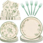 100 Pcs Disposable Sage Green Floral Tableware Set by Unknown