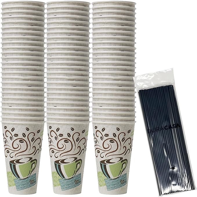 Straws and Insulated Paper Hot Cup 75 Count, 16 oz Coffee Cups and by DuraCasa