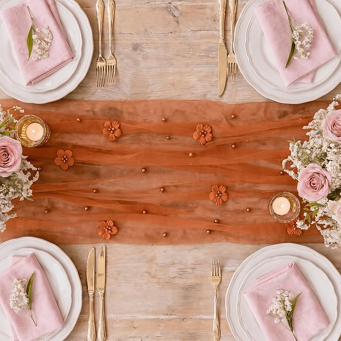 Artoid Mode Caramel Flower Pearl Pink Gauze Table Runner 10FT, Seasonal Sheer - Image 6