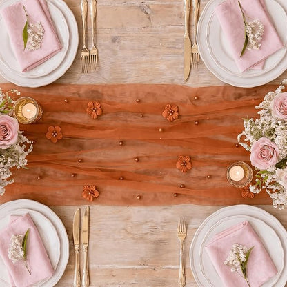 Artoid Mode Caramel Flower Pearl Pink Gauze Table Runner 10FT, Seasonal Sheer - Image 6
