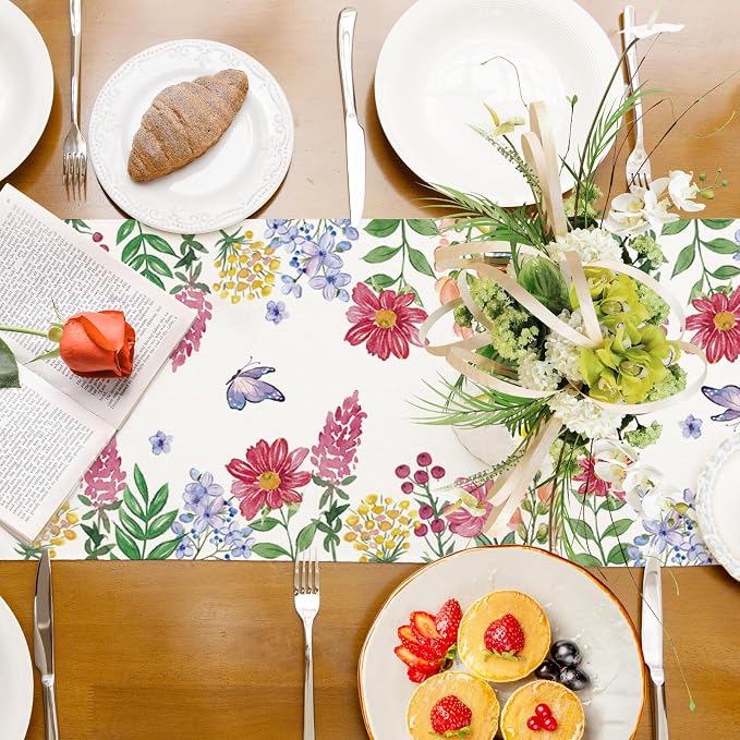 Summer Wildflower Table Runner Butterfly Burlap Table Runners, Watercolor - Image 8