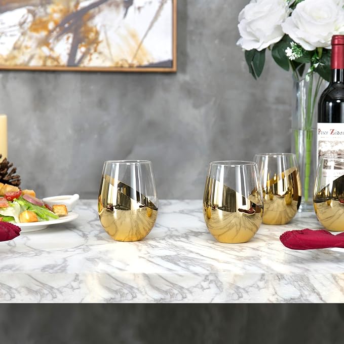 MyGift Luxury Stemless Wine Glasses Gift Set of 4 Modern Brass Accent Barware - Image 3