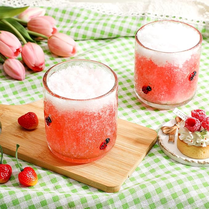 Icon Juice Glasses, 14oz Stemless Wine Drinking Juice Glass Cup for Valentine Party Supplies Gift(2 Pcs,Ladybug)