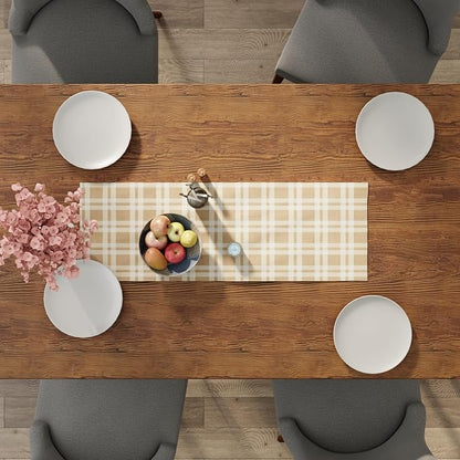 Encasa XO Table Runner, Woven Cotton Dining Runner 13"x36" Franca Beige Checks - Image 5