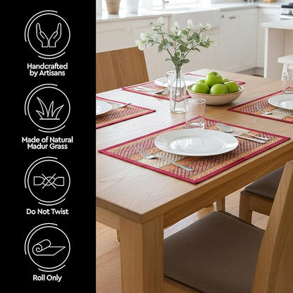 Encasa XO Woven Red Placemats Set of 4 – 12" x 17" | Handwoven Madurkathi Grass Table mats for Dining Table, Kitchen & Outdoor Decor | Durable & Heat‑Resistant