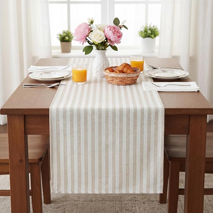 6 Pcs Beige and White Stripe Table Runner, 13 x 72 Inch | Linen Kitchen Dining - Image 4