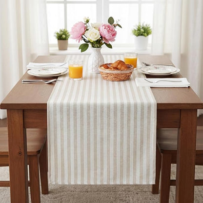 6 Pcs Beige and White Stripe Table Runner, 13 x 72 Inch | Linen Kitchen Dining - Image 4