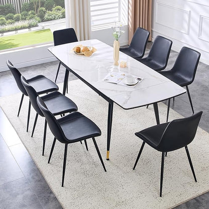 Extendable Dining Table Set for 8, 55'' to 78.8'' Rectangular Thickened Sintered Stone Kitchen Table with 8 Upholstered Chairs, Modern Space Saving 9-Piece Dinner Table Set