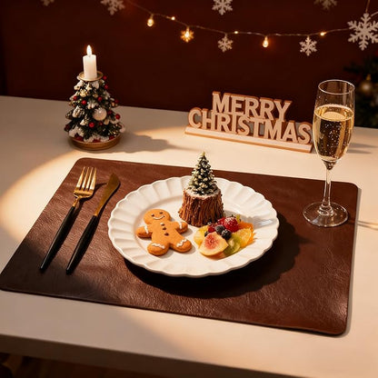DOLOPL Placemats Set of 12 Reversible Dual-Color Table Place Mats – Heat Resistant Wipeable & Brown Placemats, Luxury Faux Leather Table Mats for Vintage Dining Decor(Dark Brown & Black)