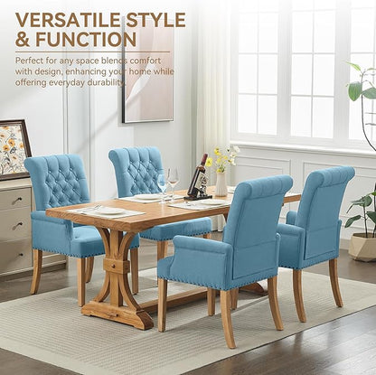 Fabric Dining Chair with Arms, Upholstered Tufted High Back Dining Room Chairs, Accent Armchair with Solid Wood Leg and Nailhead Trim, Kitchen Dining Living Room, Blue
