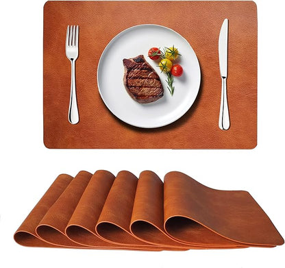 Cowhide Pattern PU Leather Placemats Set of 6 Heat Resistant Kitchen Table Mats, Non-Slip Dining Table Decorations, Double-Sides Waterproof Wipeable Place mats(Brown)