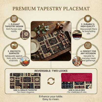 DaDa Bedding Turkish Batik Mughal Floral Tapestry Set of 4 Placemats - Woven Cotton Linen Kitchen Dining Table Mats - Multi-Colorful Black Vintage Indian Garden Ornament Dark Botanical - 13” x 19”