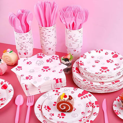 Kochorie 400 Pieces Pink Paw Disposable Party Tableware Sets Dog Puppy Supplies Including Plates Cups Napkins Cutlery Serves 50 for Birthday Puppy Theme Party Decorations