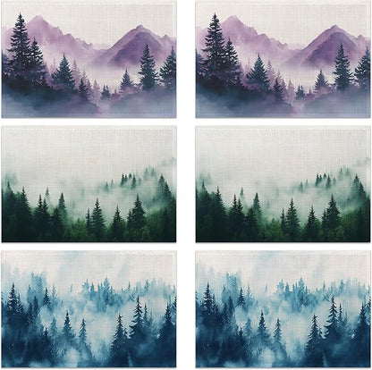 Misty Forest Placemats Set of 6, Rustic Mountain Linen Washable for Christmas, Thanksgiving, Party, and Daily Dining, Decorative Table Mats for 4-6 Person Table