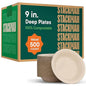 Deep Dish Paper Plates, Heavy Duty Disposable Dinner Plates [500-Pack] 9 Inch Plates - 100% Compostable Eco-Friendly, Biodegradable Sugarcane Bagasse, Natural Brown 9" Paper Plate Disposable
