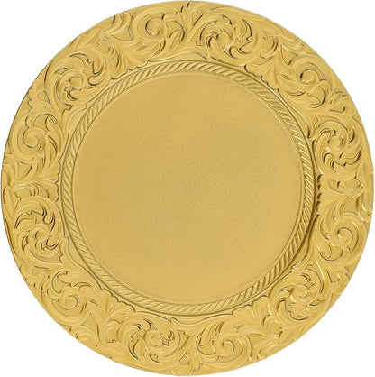 150 Pcs Antique Charger Plates Bulk, 13in Reusable Serving Plates Embossed Rim Plastic Party Dinner Plate Chargers Round Decorative Server Plate for Wedding Party Event Tableware