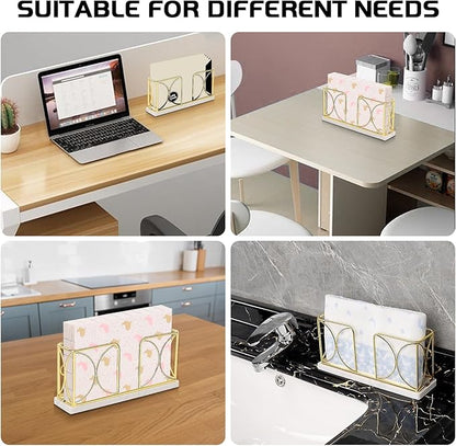 Napkin Holder with Marble Base, Guest Towel Paper Dispenser for Table, Modern Metal Napkin Stand, Ideal for All Bathroom Vanity, Kitchen Decor Accessories (Gold, 4 Inch)