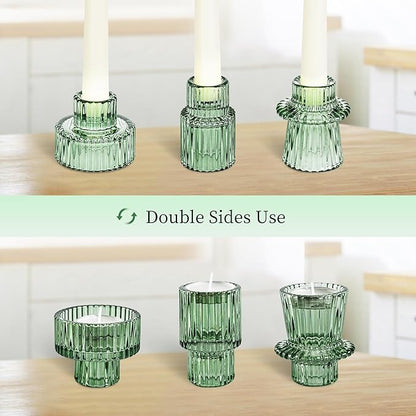 Taper Votive Candle Holder for Pillar Candles Tealight, Candlestick Holder for Wedding Christmas Tea Party, Boho Ribbed Vintage Crystal Glass Table Centerpiece Decor, Bulk Set of 6 (Green)