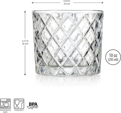 Glaver's Whiskey Glasses Set of 4. 10oz. Double Old Fashioned Glass for Cocktail Bourbon Rock Glasses,Bar Glass for Scotch Tequlia Rum. Diamond Cut. Gift for him