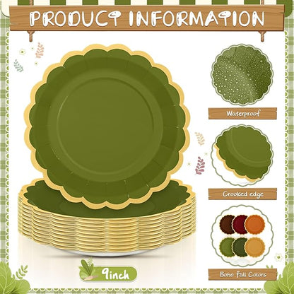 48 Pcs Green and Brown Paper Plates 9 Inch Gradient Woodland Scalloped Paper Plates Disposable Dinner Dessert for Birthday Wedding Bridal Party Supplies, 6 Colors