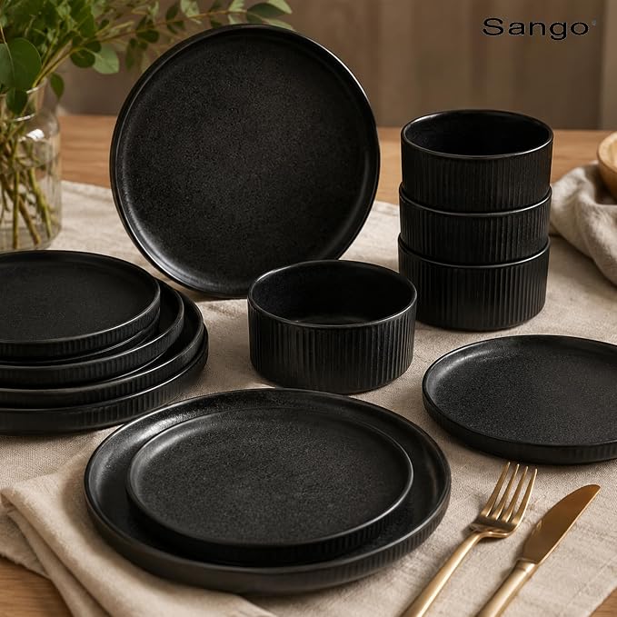 Sango 12 Pieces Stoneware Fluted Dinnerware Set, Modern Black Dishes - Image 9