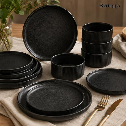 Sango 12 Pieces Stoneware Fluted Dinnerware Set, Modern Black Dishes - Image 9