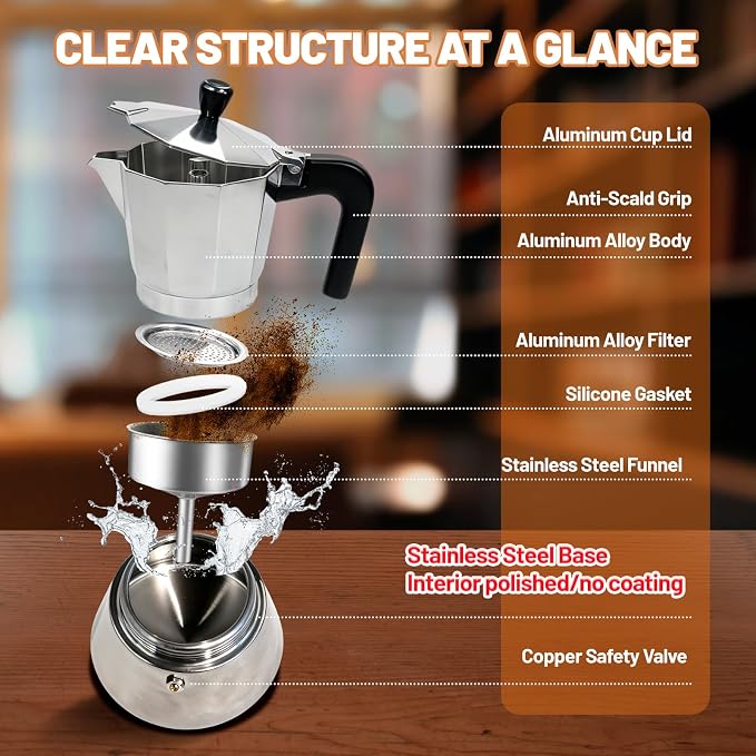 3 Cup Aluminum and Stainless Steel Moka Pot Espresso Stovetop Coffee | Maker - Image 3