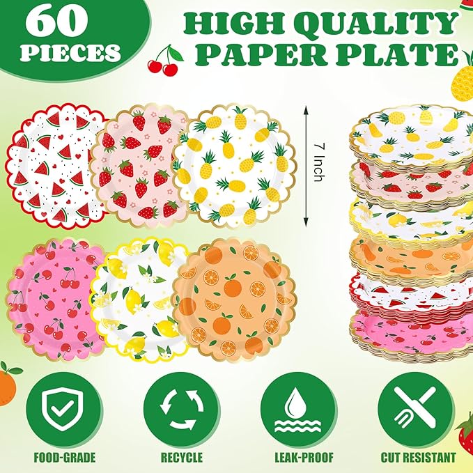 60 Pcs 7 Inch Fruit Paper Plates Tutti Fruit Birthday Party Supplies Summer Disposable Dinner Dessert Plates for Wedding Birthday Baby Shower Bridal Tea Party Supplies