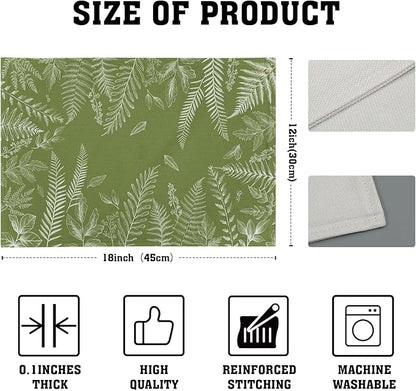Spring Wild Fern Leaf Plants Placemats Set of 4, 12 x 18 Inch Green Place Mats Washable Kitchen Dining Linen Table Mats for Dining Table Kitchen Decoration