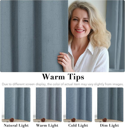 H.VERSAILTEX Linen Blackout Curtains 45 Inches Long 100% Blackout Thermal Insulated Textured Linen Look Curtain Draperies Anti-Rust Grommet, Energy Saving with White Liner, 2 Panels, Stone Blue