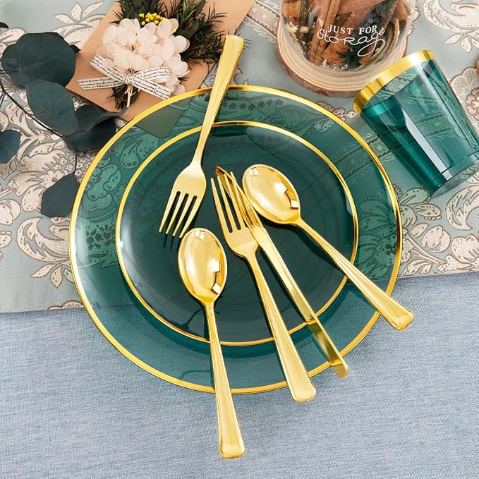 LIYH 180 Pcs Clear and Green Gold Plastic Christmas Plates - Image 4