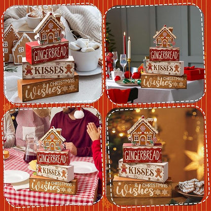 Moucuny 4 Pcs Christmas Table Decoration Gingerbread House Wooden Stacked Block - Image 7