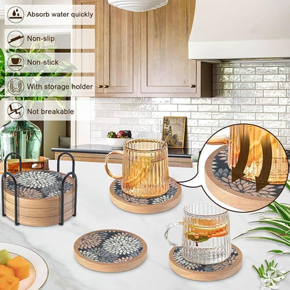 Wood Coasters Set of 6 with Holder, Cewiru Cup Mat - Image 2