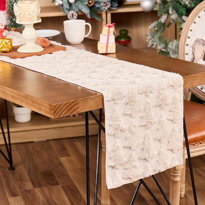 Christmas Trees Table Runner Soft Plush Faux Fur Cream Tree Christmas Table by MOSTOP