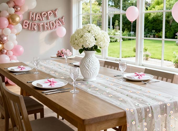 Table Runner 10FT Gauze Elegant Tea Party Decor Pastel Embroiderey | Pink Sheer - Image 7