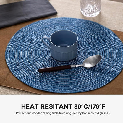 Round Placemats Set of 8 Woven Placemats Washable Braided Table Mats for Dining Table Heat Resistant Non-Slip Circle Place Mats(Mid Blue)