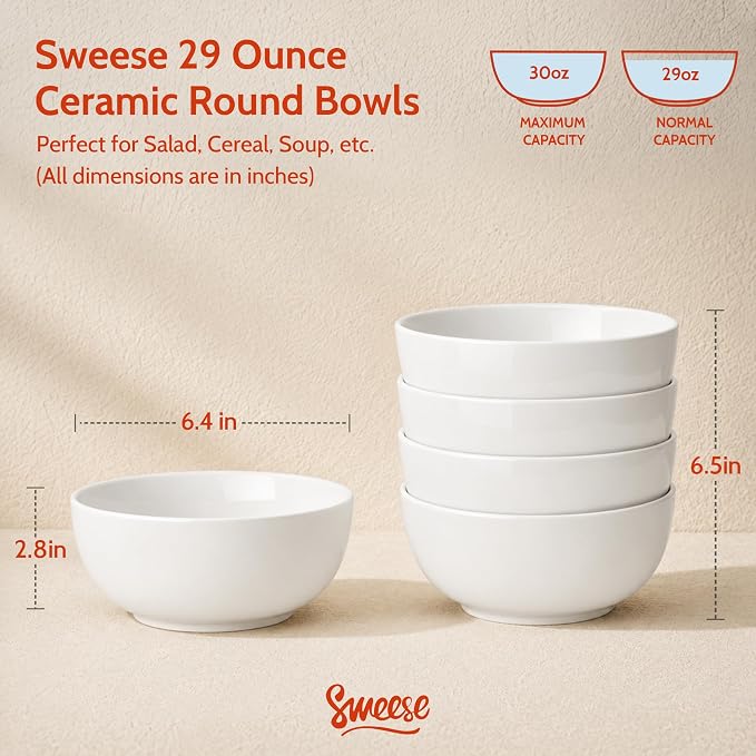 Sweese Ceramic Soup Bowl Set of 4, 29 oz Round Cereal Bowl Stackable Serving - Image 2