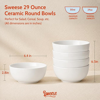 Sweese Ceramic Soup Bowl Set of 4, 29 oz Round Cereal Bowl Stackable Serving - Image 2