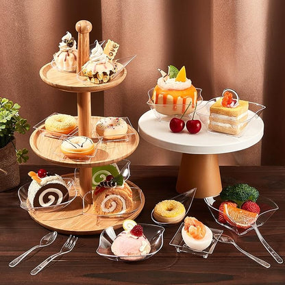 Tessco 800 Pcs Mini Appetizer Plates Set Including 400 Disposable Dessert Plates Assorted Shape 200 Mini Plastic Forks 200 Plastic Spoons for Party(Clear,Classic)