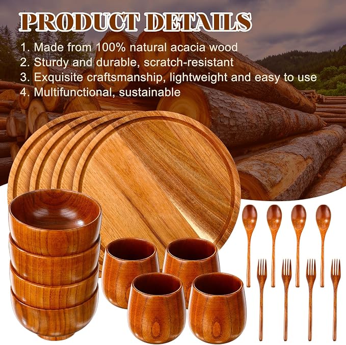 20 Pcs Acacia Wood Dinnerware Set 11.6 Inch Round Wooden Plates Bowls Tea Cups - Image 4
