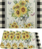 Vintage Sunflower Theme Placemat Set, Rustic Farmhouse Vivid Lavender Floral Butterflly Black White Check Pattern Home Decor Linen Table Mats for Dining Room Kitchen Party (17x12in) x4P
