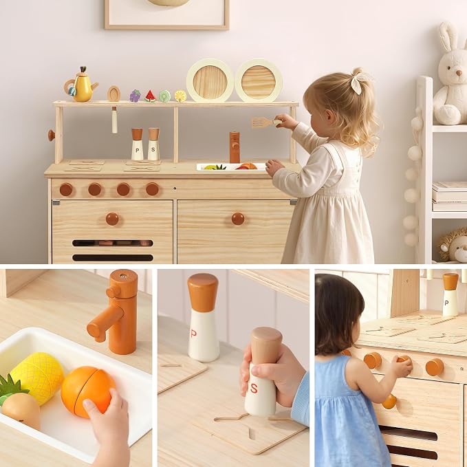 PairPear Play Kitchen for Kids, Large Natural Wood Kids Kitchen Playset | - Image 6